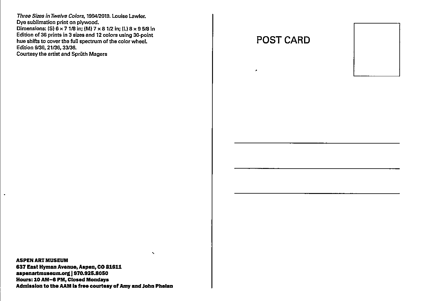 Three Sizes in Twelve Colors Postcard by Louise Lawler